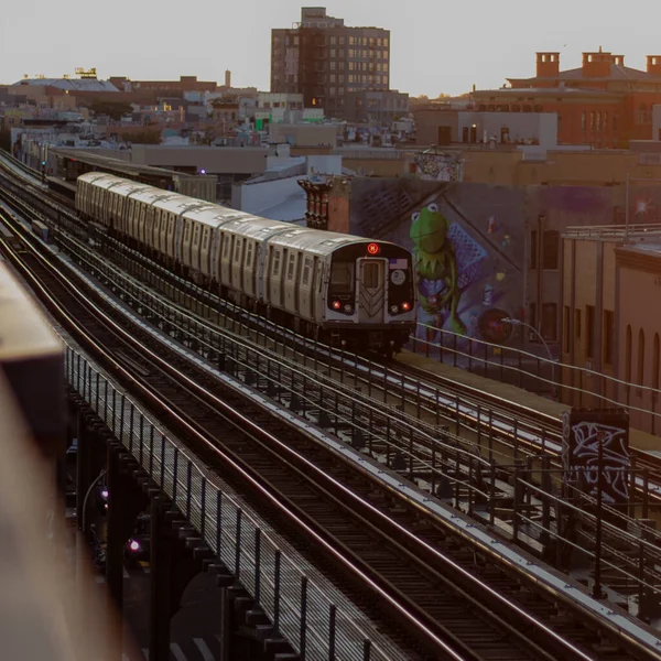 Şehirdeki Bir Trenin Dikey Çekimi — Stok fotoğraf