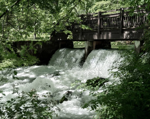 Pequeñas Cascadas Parque Con Naturaleza Verde Puente Madera Sobre Ellas — Foto de Stock