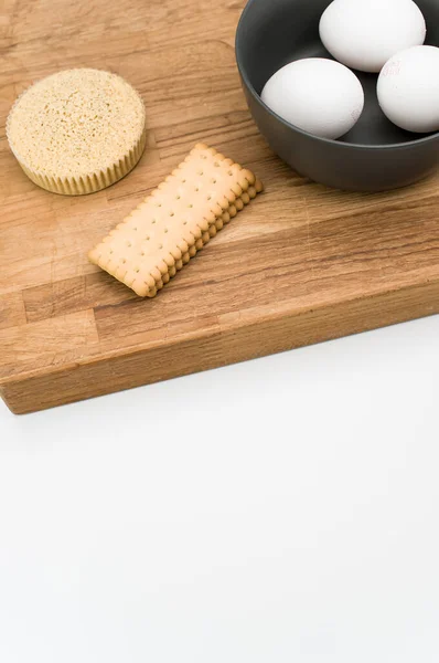 Pastel Orgánico Papel Que Respalda Galletas Taza Tazón Con Huevos — Foto de Stock