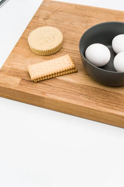 Pastel Orgánico Papel Que Respalda Galletas Taza Tazón Con Huevos — Foto de Stock