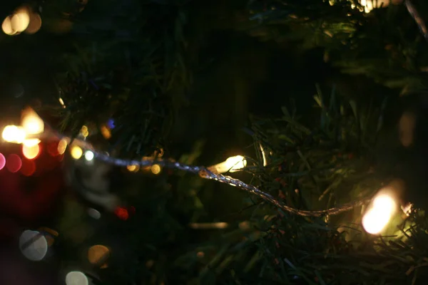 Close Pequenas Luzes Iluminadas Uma Árvore Natal — Fotografia de Stock