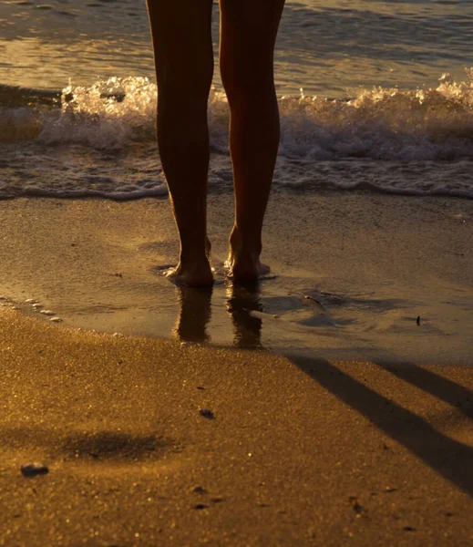 Die Weiblichen Füße Nassen Sandstrand Der Nähe Plätschernder Wellen Morgengrauen — Stockfoto