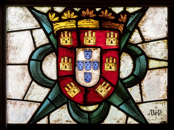 Closeup Coat Arms Kingdom Portugal Stained Glass Window Alcazar Segovia — Stock Photo, Image