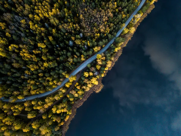 湖畔的一条被冷杉树环绕的道路的俯视图 — 图库照片