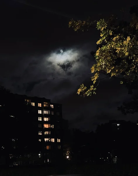 Eine Vertikale Aufnahme Eines Wohnhauses Der Nacht Berlin Deutschland — Stockfoto