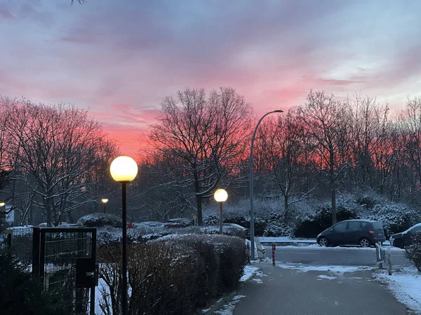 Una Vista Panorámica Parque Invierno Sobre Fondo Cielo Atardecer Berlín —  Fotos de Stock