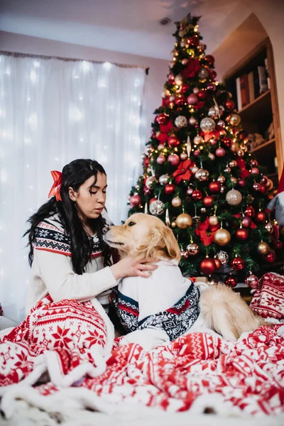 Жінка Грає Своїм Золотим Собакою Ретривером Біля Барвистої Різдвяної Ялинки — стокове фото
