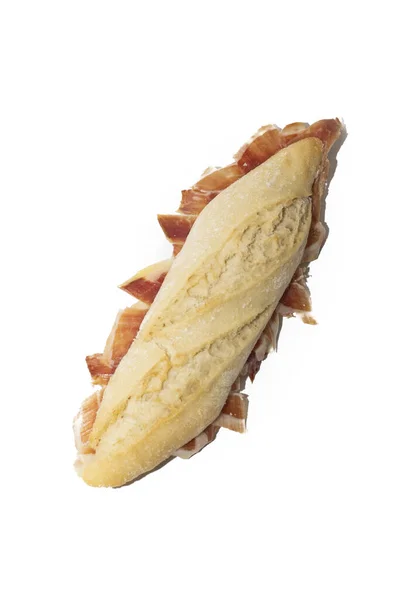 Close Vertical Sanduíche Presunto Espanhol Com Pão Crocante Isolado Fundo — Fotografia de Stock