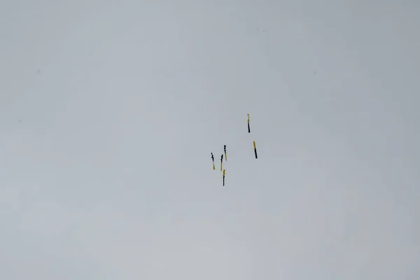 Group Flying Military Aircraft Gloomy Sky — Stock Photo, Image