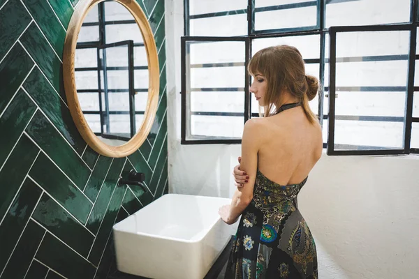 Delicate Serbian Woman Wearing Backless Dress Standing Front Bathroom Mirror — Photo