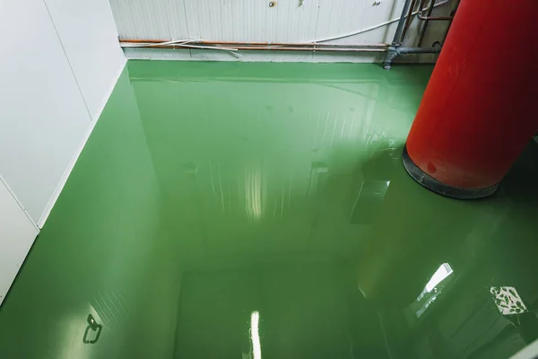 Plancher Vert Époxy Ciré Nouvellement Appliqué Dans Hall Industriel — Photo