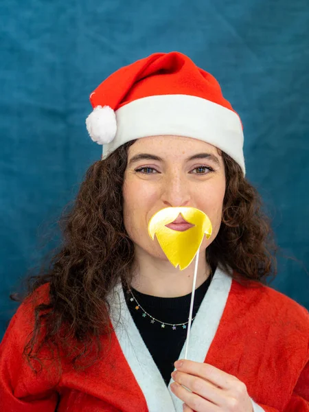 Portrait Cheerful Woman Dressed Santa Claus Holding Beard Booth Prop — Foto de Stock