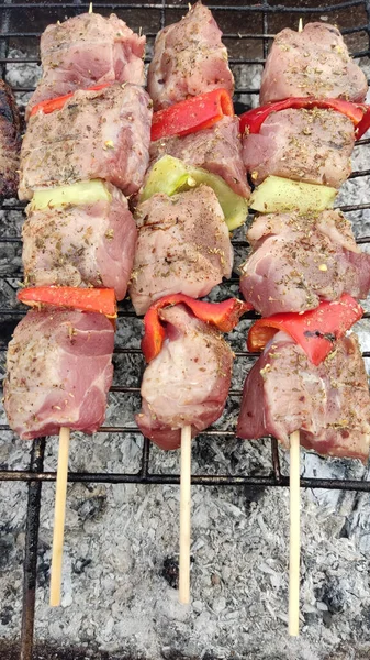 Les Brochettes Viande Crue Fraîche Prêtes Cuire Sur Gril — Photo