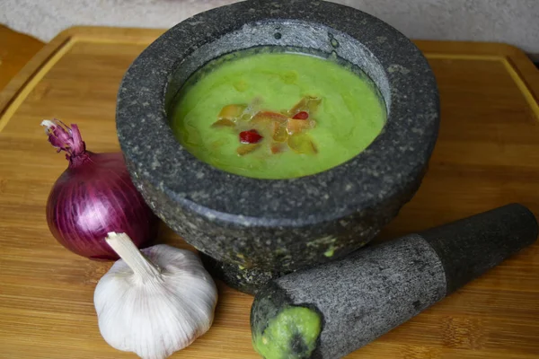 Closeup Fresh Vegetable Cream Soup Onion Garlic — Stock Photo, Image