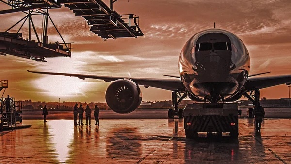 Vacker Utsikt Över Ett Flygplan Med Solnedgången Himlen Bakgrunden — Stockfoto