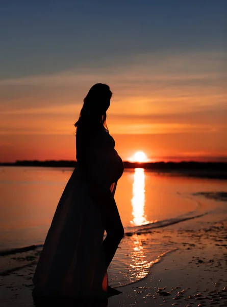 魅力的な海の夕日で妊娠中の女性の垂直シルエット — ストック写真