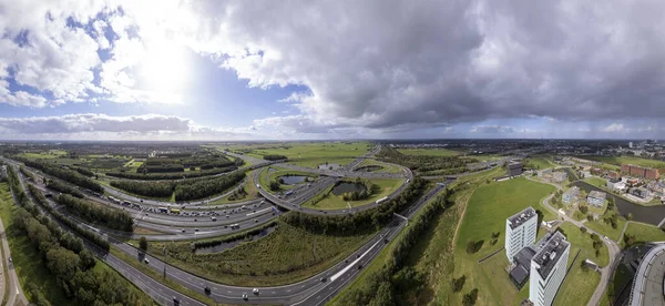 Super Wide Aerial View Traffic Intersection Oudenrijn Dutch Landscape Dramatic — ストック写真