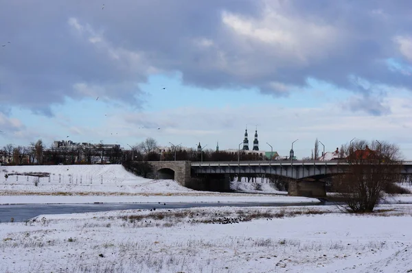 Poznan Poland Dec 2013 Snow Covered Grass Warta River Afternoon — Stock Photo, Image