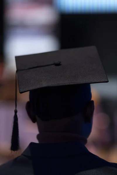 Silhouette Alumnus Graduation Square Academic Cap Including Blurred Colorful Ceremonial — Stock Photo, Image