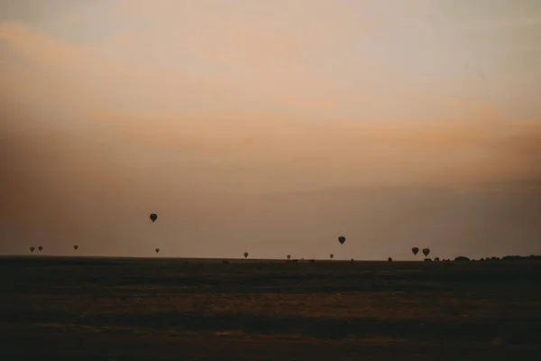 Fernsicht Von Heißluftballons Über Einer Wiese Bei Sonnenuntergang Kenia — Stockfoto