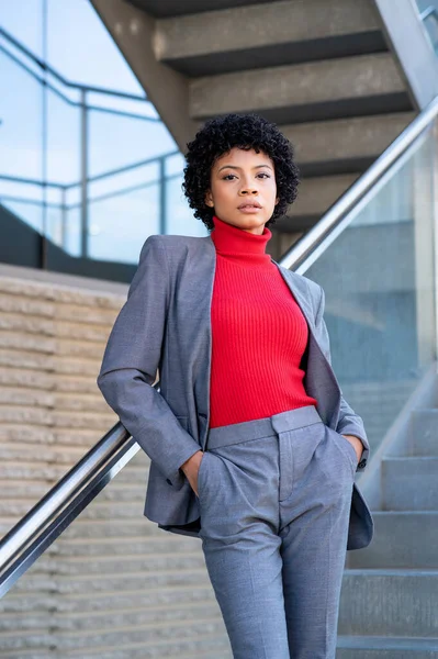Young African American Businesswoman Wearing Red Turtleneck Suit Business Building — Stock Photo, Image