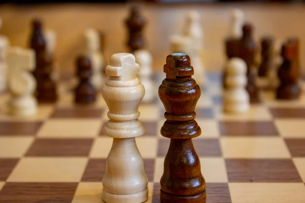 Detailní Záběr Černobílých Šachových Figurek Šachovnici — Stock fotografie