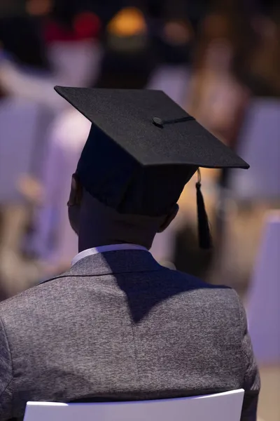 Silhouette Alumnus Graduation Square Academic Cap Including Blurred Colorful Ceremonial — Stock Photo, Image