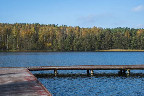 Ein Holzsteg Einem See Der Herbst Von Einem Wald Umgeben — Stockfoto