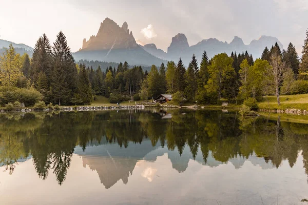 Bela Vista Lago Com Floresta Montanhas Fundo Pale San Martino — Fotografia de Stock