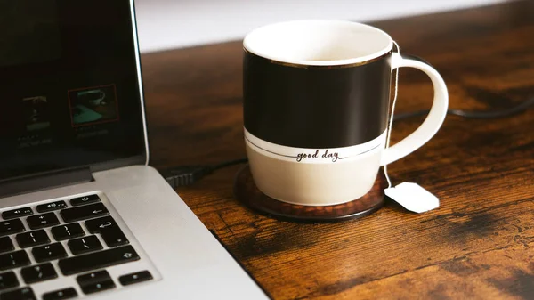 Cup Tea Good Day Written Wooden Desk Next Laptop — Stock Photo, Image