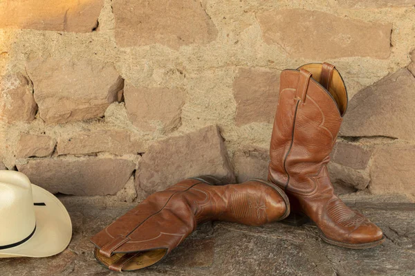 Brown leather cowboy boots photographed outdoors in a natural setting.