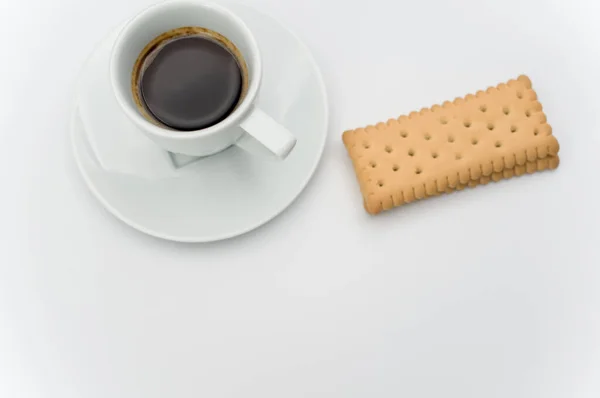 Svart Varm Ristretto Kaffe Vit Stengods Kopp Med Platta Och — Stockfoto