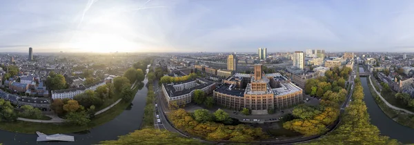 中世纪荷兰乌得勒支市中心360度的全景全景全景 Inktpot大楼和大教堂高耸在城市上空 — 图库照片