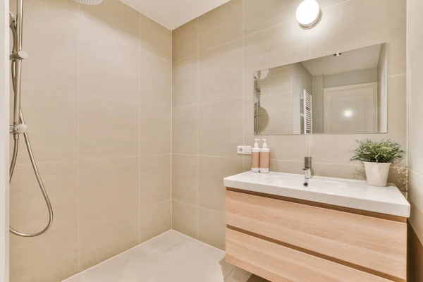 Beautiful Image Bathroom Sink Shower Area White Interior Design House — Stock Photo, Image