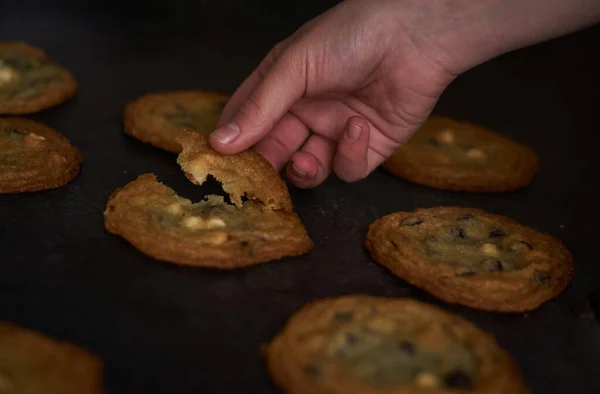 Primer Plano Una Mano Tomando Trozo Galletas Chispas Chocolate Fondo — Foto de Stock