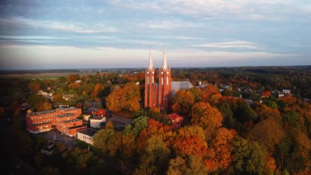 ภาพถ ายทางอากาศของโบสถ สวยงามในภ ใบไม — วีดีโอสต็อก