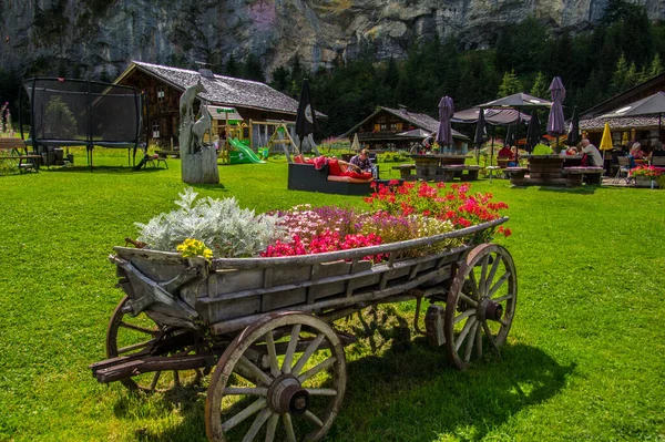 Decorative Wooden Cart Flowers Countryside Valais Switzerland — ストック写真
