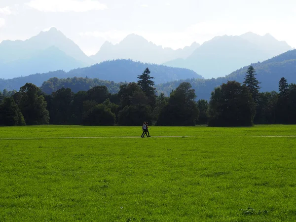 Shot Two Hikers Backpacks Walking Meadow Background Schwangau Bavaria — Stock Photo, Image