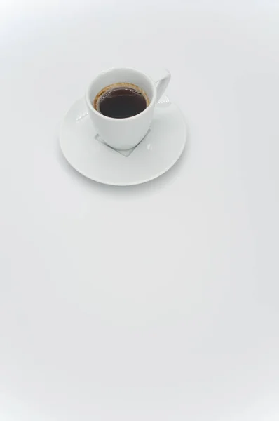 Black Hot Ristretto Coffe White Stoneware Cup Plate White Surface — Stock Photo, Image