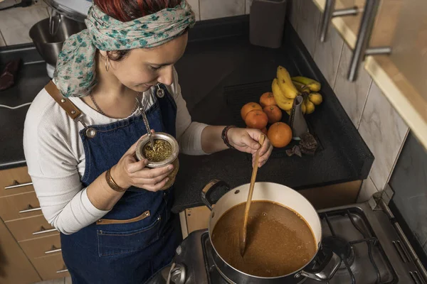 Woman Stirring Dulce Leche Pot Prepare Homemade Argentinian Alfajores — 스톡 사진