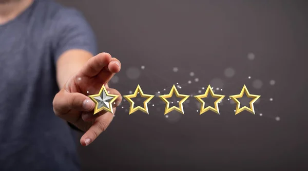 A 3d rendering of a review icon and rating stars showing  feedback