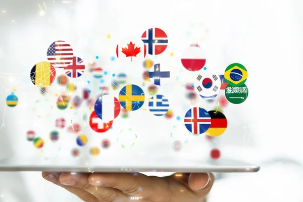 Linhas Conexão Torno Mapa Com Todas Bandeiras País Tecnologia Futurista — Fotografia de Stock