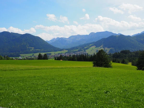 View Grassy Green Pastures Houses Mountains Backdrop Warm Spring Day — Stock Photo, Image