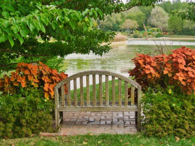 A wooden bench by the pond at Overland Park Arboretum and Botanical Gardens clipart