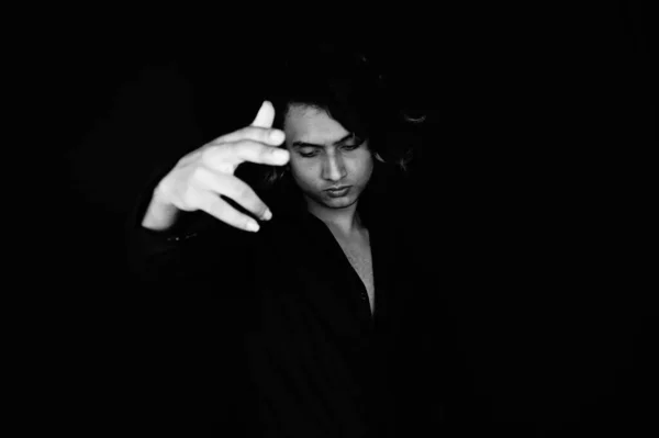 Grayscale Shot Serious Young South Asian Guy India Posing Black — Fotografia de Stock