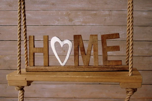 Wooden Home Inscription Wooden Panel Connected Ropes — Stock Photo, Image