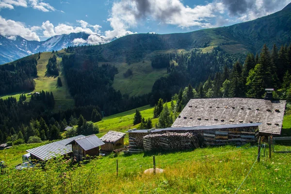 Een Prachtig Uitzicht Het Huis Groen Veld Omgeven Door Bergen — Stockfoto