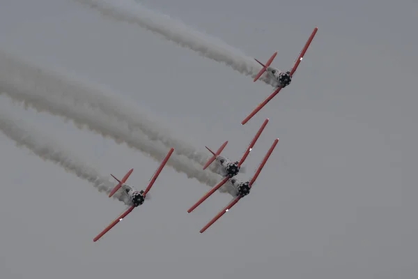 Hava Gösterisi Sırasında Kasvetli Bir Gökyüzüne Karşı Uçan Bir Grup — Stok fotoğraf