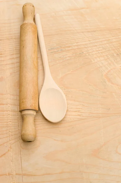 Top View Wooden Kitchen Utensils Wooden Background Copy Space — Stock Photo, Image