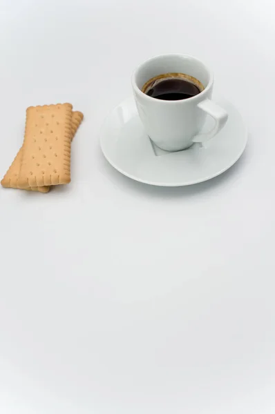Black Hot Ristretto Coffee White Stoneware Cup Plate Biscuits White — Stock Photo, Image